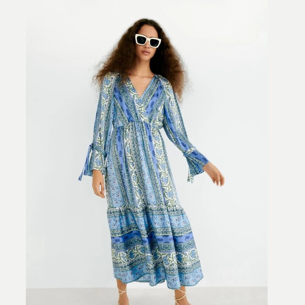 ZARA Paisley Patchwork Floral Silky V Neck Ruffle Hem Maxi Dress Sz XL